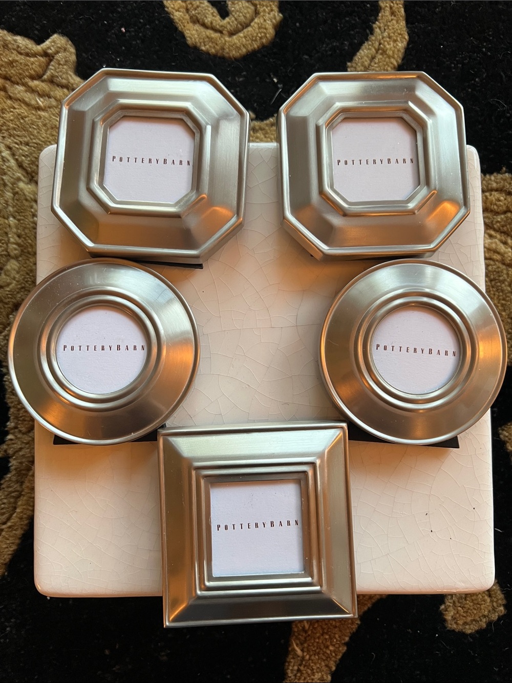 Pottery Barn 5 Silver-Tone Vintage Mini Picture Frames Round Square Octagon